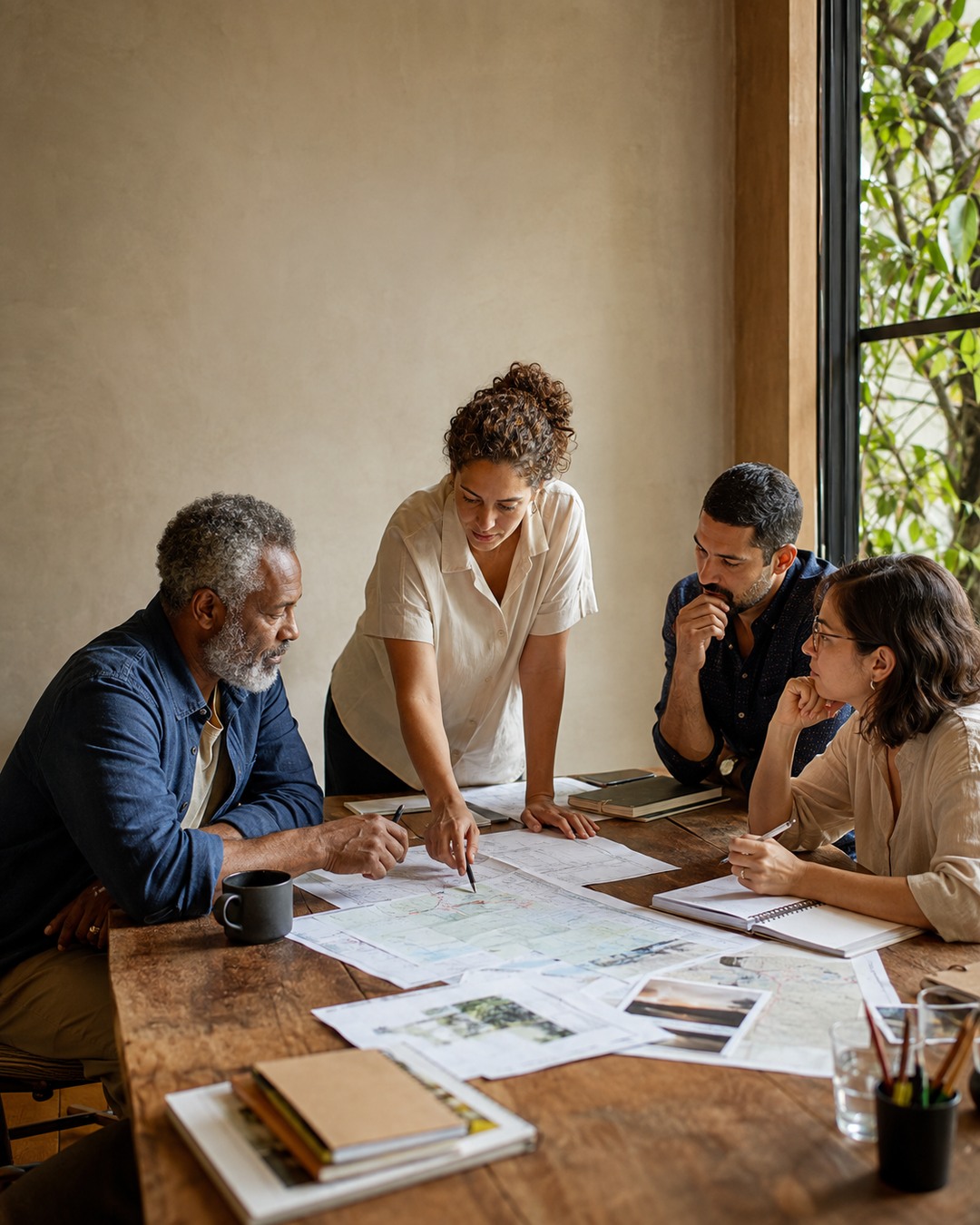 Equipe analisando planos em uma mesa de trabalho
